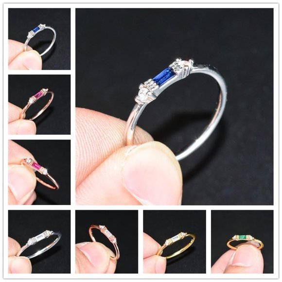 Gold Green Chic Rectangle Round Gems Dainty Ring for Women, VIP173 - Picture 3 of 3